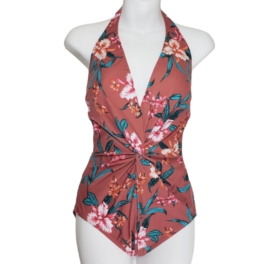 Dreamsuit Mauve Pink Floral Halter Ruche One-Piece